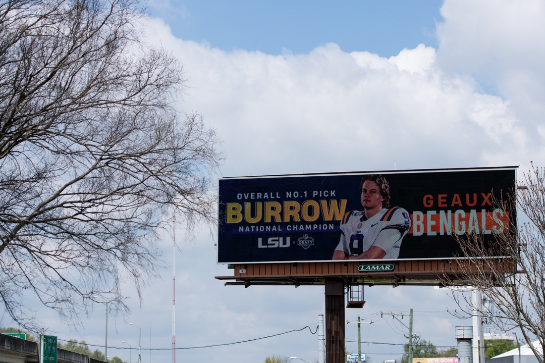 Apr 24, 2020; Cincinnati, Ohio, USA;  A view of a billboard on Interstate 75 North welcoming LSU quarterback Joe Burrow to Cincinnati, after being selected number one overall in the 2020 NFL Draft. Mandatory Credit: Aaron Doster-USA TODAY Sports