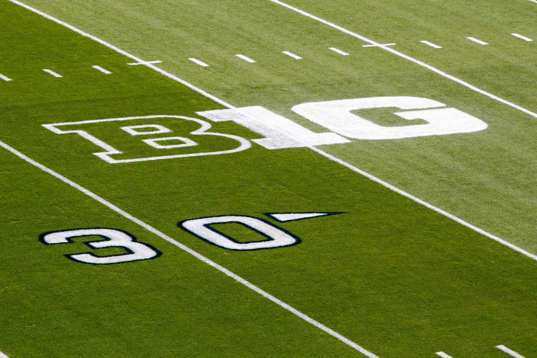 Sep 1, 2018; University Park, PA, USA; A detailed view of the Big Ten logo on the field prior to the game between the Appalachian State Mountaineers and the Penn State Nittany Lions at Beaver Stadium. Mandatory Credit: Matthew O'Haren-USA TODAY Sports