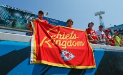 Sep 8, 2019; Jacksonville, FL, USA; Kansas City Chiefs fans fly banners before the game against the Jacksonville Jaguars at TIAA Bank Field. Mandatory Credit: Reinhold Matay-USA TODAY Sports