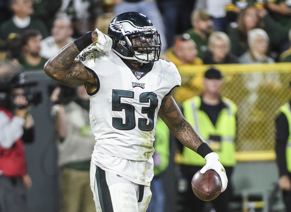 Sep 26, 2019; Green Bay, WI, USA;  Philadelphia Eagles outside linebacker Nigel Bradham (53) reacts after intercepting a pass in the final seconds of the fourth quarter to help the Eagles beat the Green Bay Packers at Lambeau Field. Mandatory Credit: Benny Sieu-USA TODAY Sports