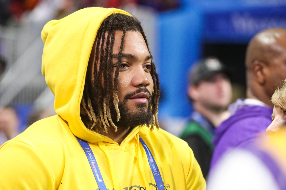 Dec 28, 2019; Atlanta, Georgia, USA; Washington Redskins running back Derrius Guice before the 2019 Peach Bowl college football playoff semifinal game between the LSU Tigers and the Oklahoma Sooners at Mercedes-Benz Stadium. Mandatory Credit: Jason Getz-USA TODAY Sports