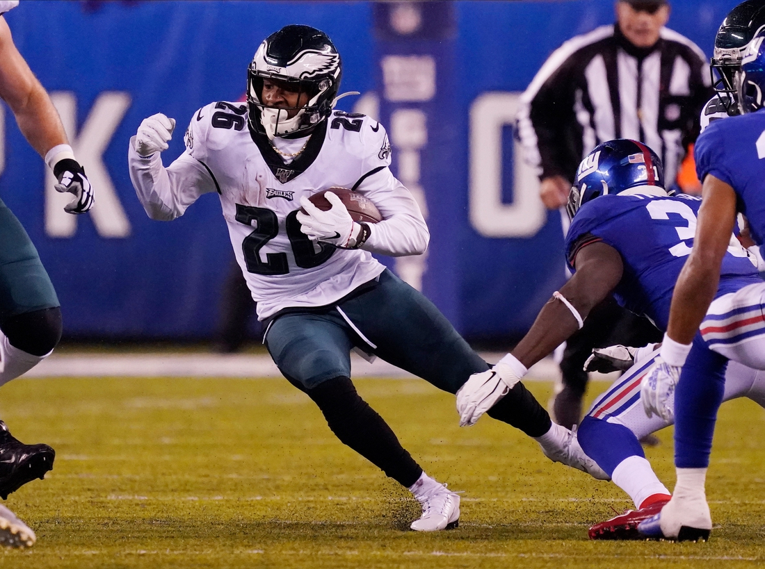 Dec 29, 2019; East Rutherford, New Jersey, USA; Philadelphia Eagles running back Miles Sanders (26) runs the ball against the New York Giants in the first half at MetLife Stadium. Mandatory Credit: Robert Deutsch-USA TODAY Sports