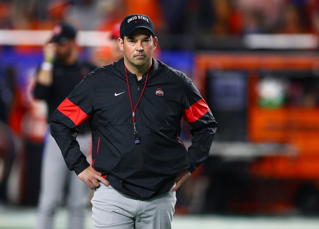 Dec 28, 2019; Glendale, Arizona, USA; Ohio State Buckeyes head coach Ryan Day prior to the game against the Clemson Tigers in the 2019 Fiesta Bowl college football playoff semifinal game. Mandatory Credit: Matthew Emmons-USA TODAY Sports