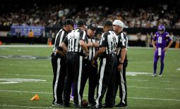 Jan 5, 2020; New Orleans, Louisiana, USA; Officials huddle following a penalty during the third quarter of a NFC Wild Card playoff football game between the New Orleans Saints and the Minnesota Vikings at the Mercedes-Benz Superdome. Mandatory Credit: Derick Hingle-USA TODAY Sports