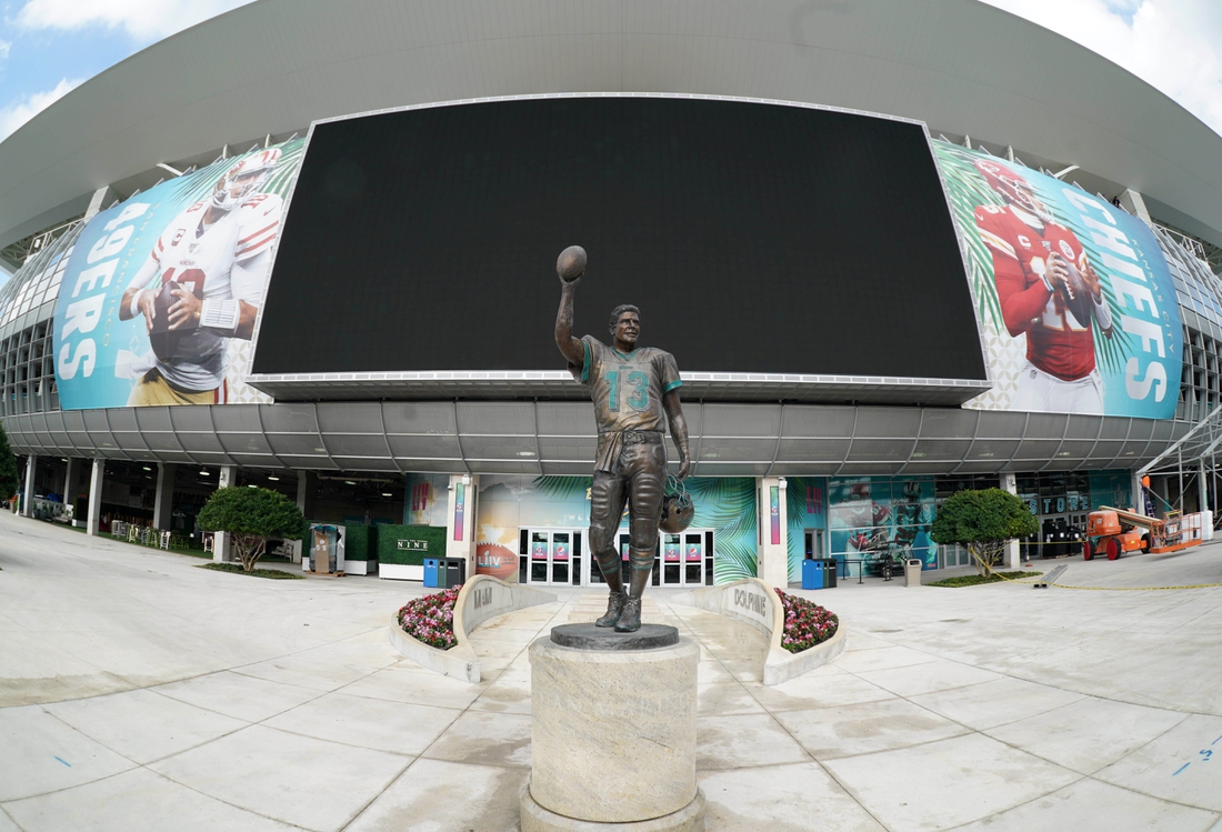 Jan 28, 2020; Miami Gardens, Florida, USA; General overall view of statue of former Miami Dolphins quarterback Dan Marino (13) at Hard Rock Stadium prior to Super Bowl LIV between the San Francisco 49ers and the Kansas City Chiefs. Mandatory Credit: Kirby Lee-USA TODAY Sports