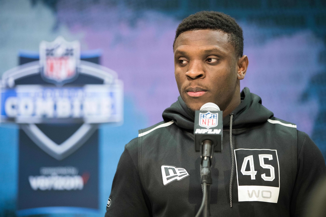 Feb 25, 2020; Indianapolis, Indiana, USA; Texas Christian wide receiver Jalen Reagor (WO45) speaks to the media during the 2020 NFL Combine in the Indianapolis Convention Center. Mandatory Credit: Trevor Ruszkowski-USA TODAY Sports