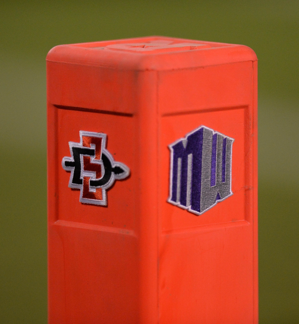 Sep 16, 2017; San Diego, CA, USA; A detailed view of the pylon with San Diego State Aztecs and Mountain West Conference logos during the game against the Stanford Cardinal at Qualcomm Stadium. Mandatory Credit: Jake Roth-USA TODAY Sports