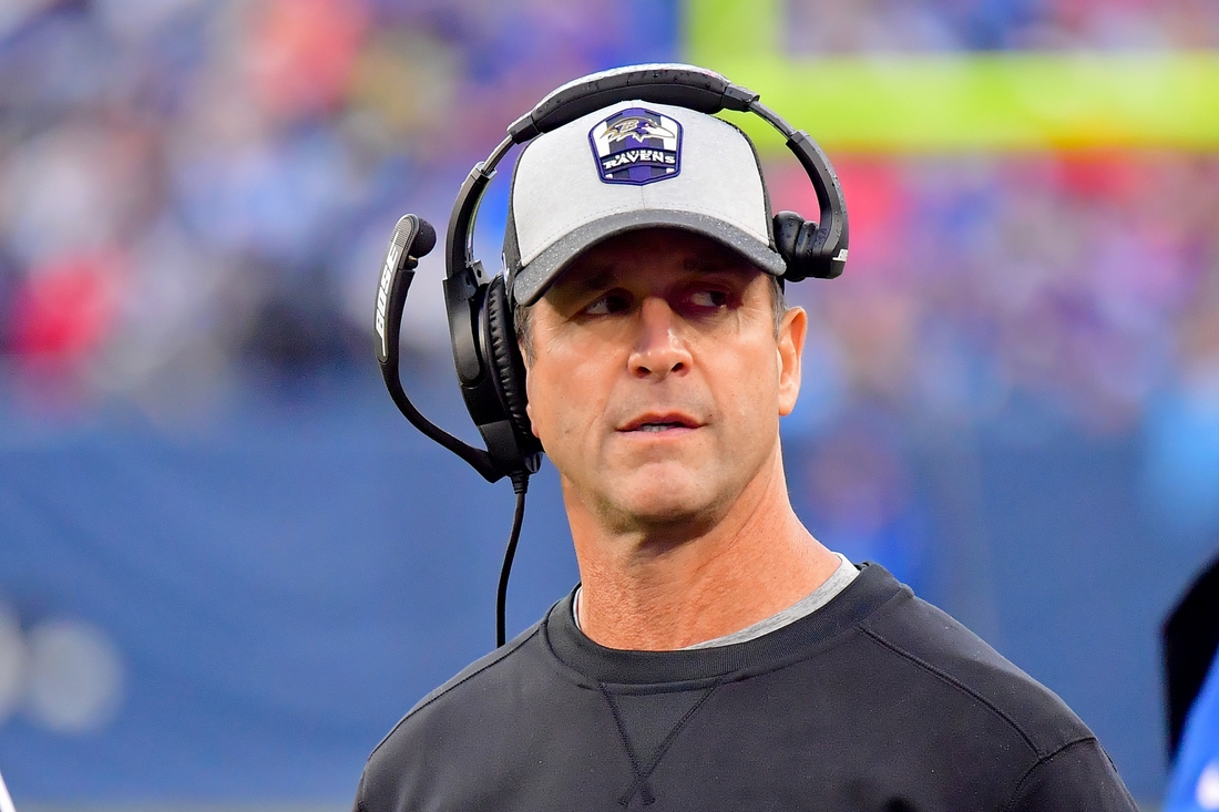 Oct 14, 2018; Nashville, TN, USA; Baltimore Ravens head coach John Harbaugh reacts on the sideline during the first half against the Tennessee Titans at Nissan Stadium. Mandatory Credit: Jim Brown-USA TODAY Sports