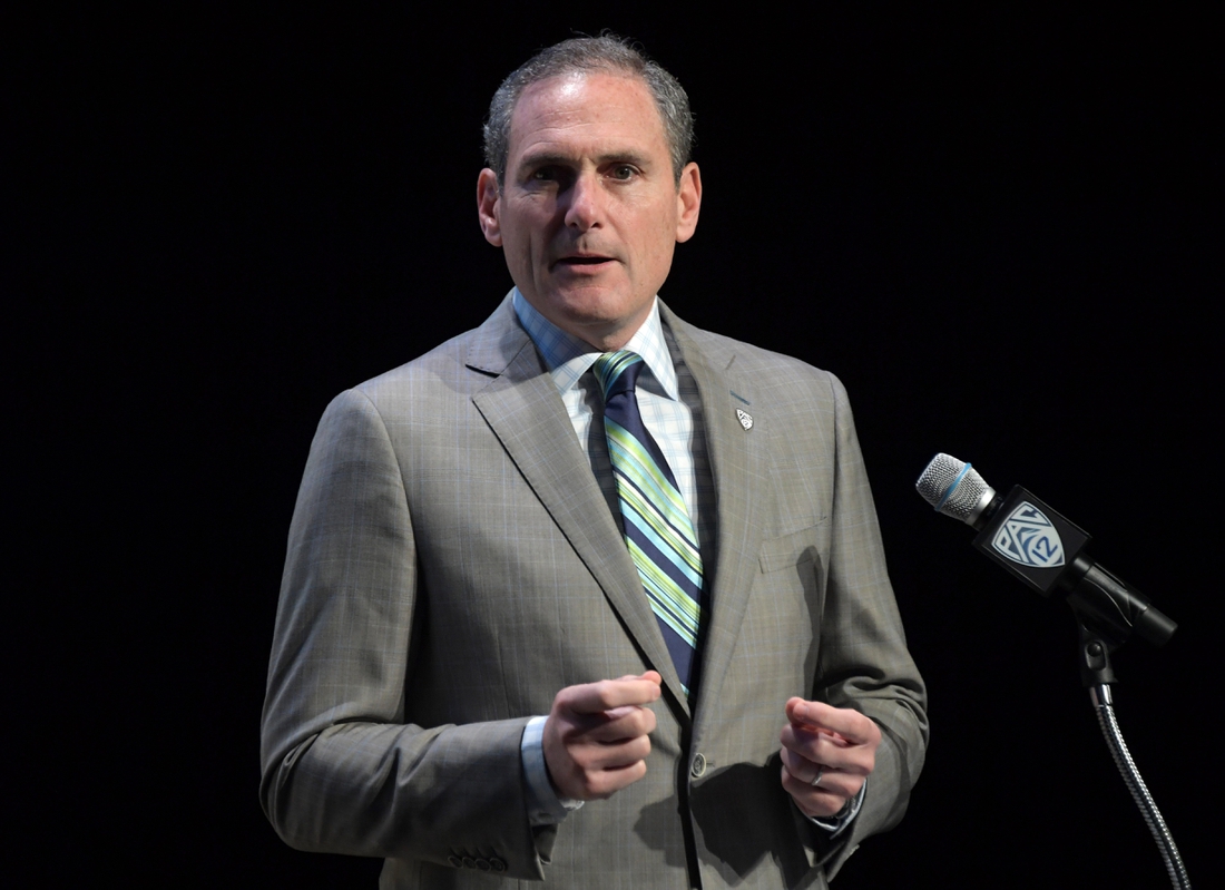 Jul 24, 2019; Los Angeles, CA, USA; Pac-12 commissioner Larry Scott speaks during Pac-12 football media day at Hollywood & Highland. Mandatory Credit: Kirby Lee-USA TODAY Sports