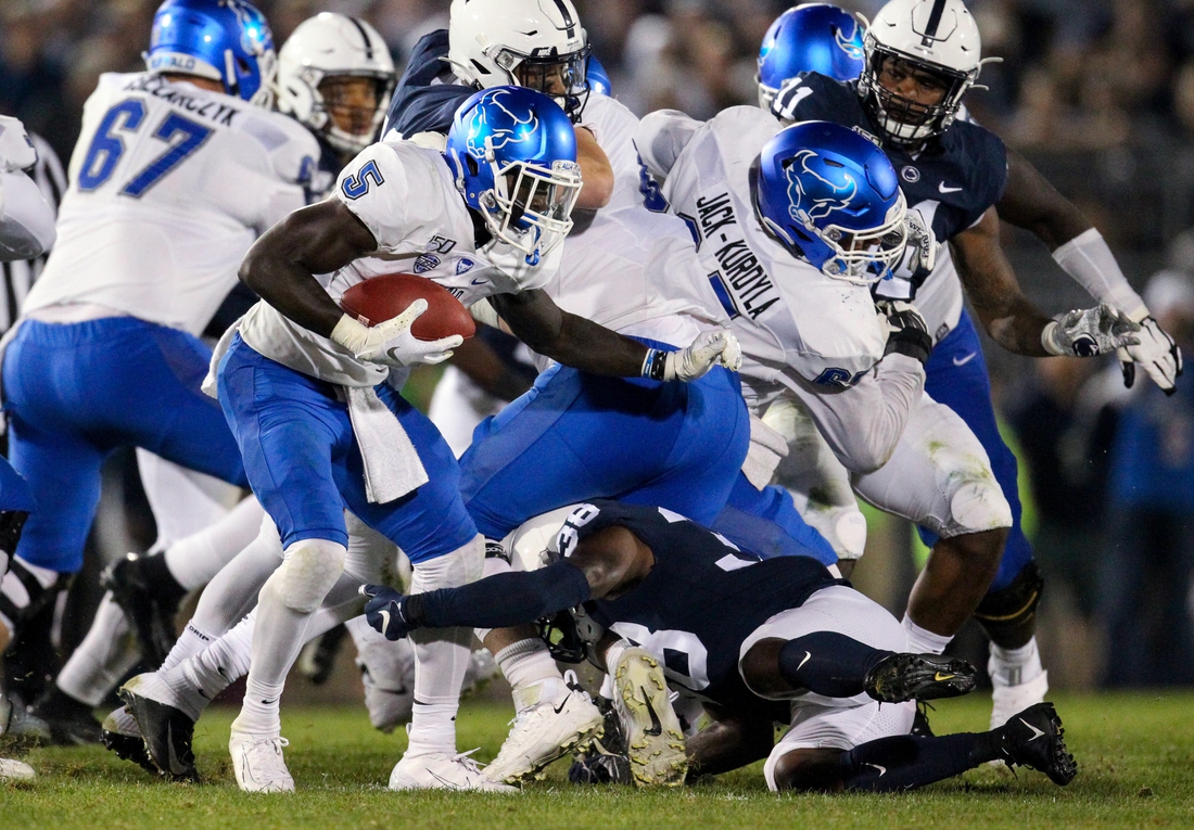 Sep 7, 2019; University Park, PA, USA; Buffalo Bulls running back Kevin Marks (5) runs with the ball during the third quarter against the Penn State Nittany Lions at Beaver Stadium. Penn State defeated Buffalo 45-13. Mandatory Credit: Matthew O'Haren-USA TODAY Sports