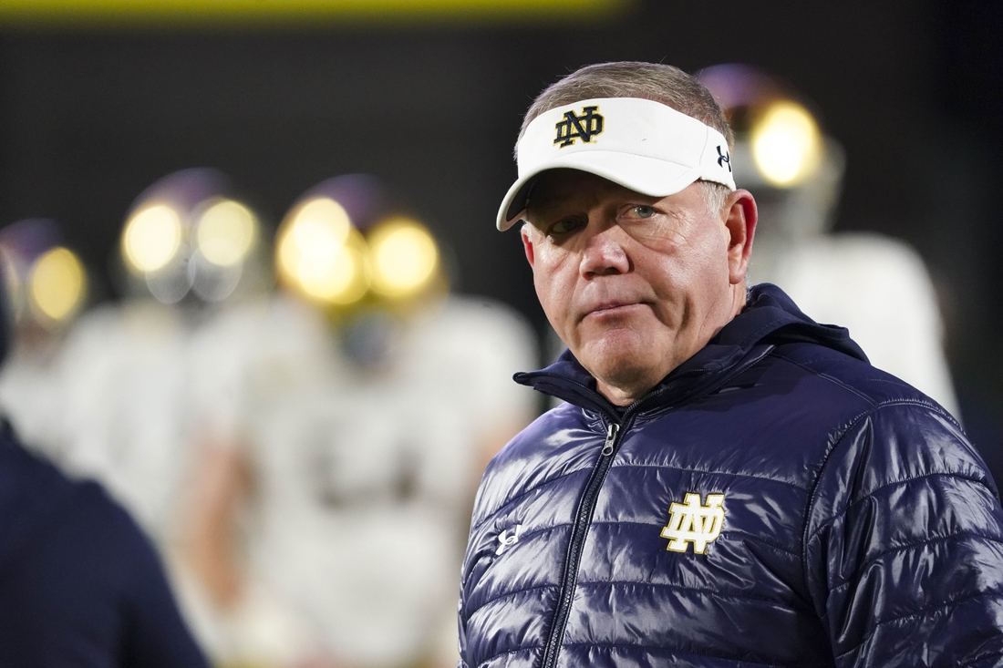 Nov 9, 2019; Durham, NC, USA;  Notre Dame Fighting Irish head coach Brian Kelly looks on before the game against the Duke Blue Devils at Wallace Wade Stadium. Mandatory Credit: James Guillory-USA TODAY Sports