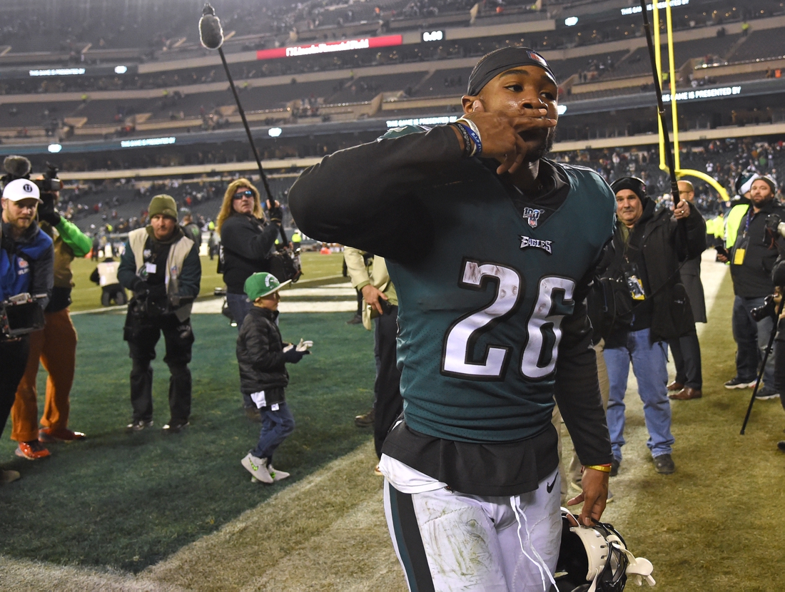 Dec 22, 2019; Philadelphia, Pennsylvania, USA; Philadelphia Eagles running back Miles Sanders (26) blows a kiss to the fans after win against the Dallas Cowboys at Lincoln Financial Field. Mandatory Credit: Eric Hartline-USA TODAY Sports
