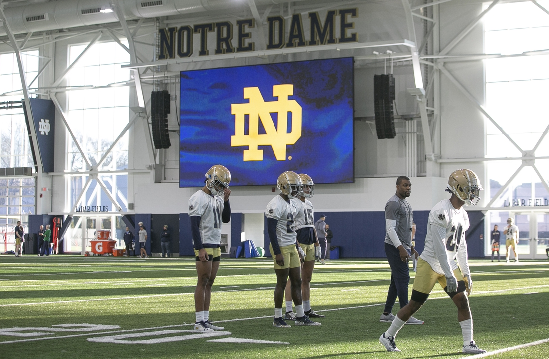 March 5, 2020; South Bend, IN, USA; Notre Dame held their first spring football practice at the Irish Athletics Center. Mandatory Credit: Santiago Flores/South Bend Tribune via USA TODAY NETWORK