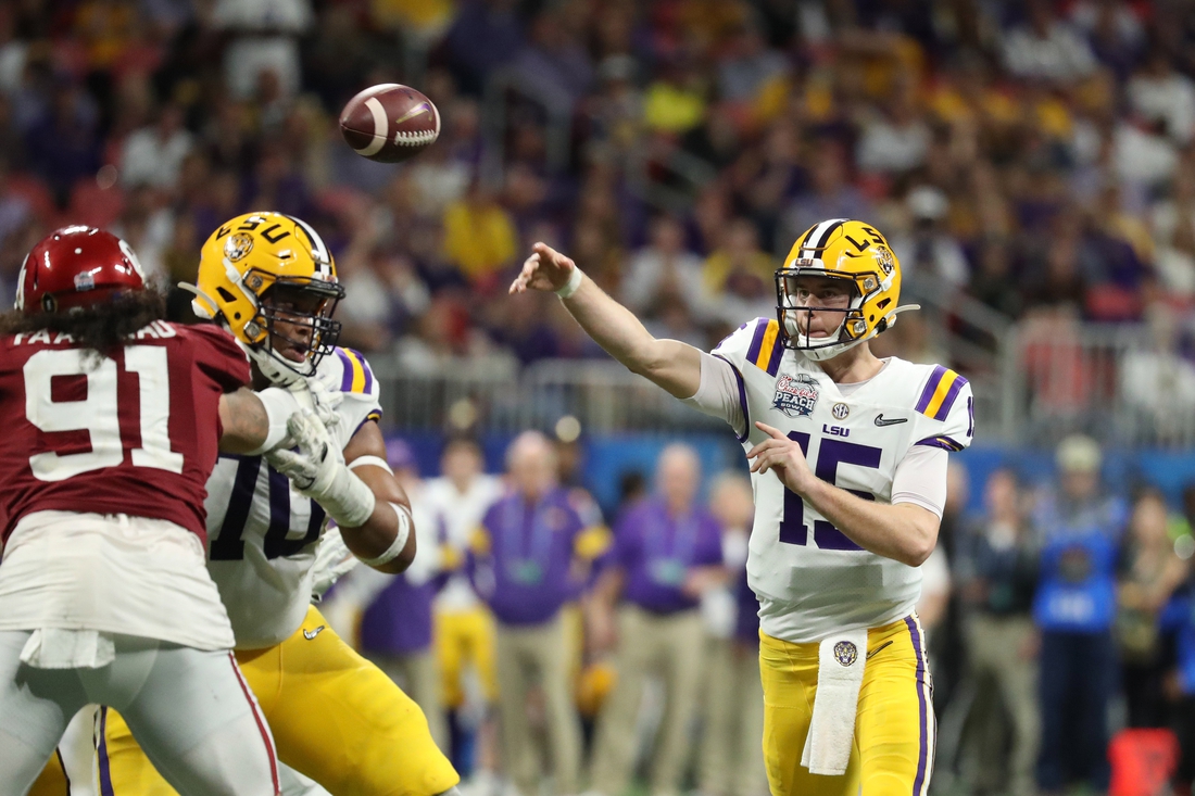 Dec 28, 2019; Atlanta, Georgia, USA; LSU Tigers quarterback Myles Brennan (15) attempts a pass during the second half of the 2019 Peach Bowl college football playoff semifinal game against the Oklahoma Sooners at Mercedes-Benz Stadium. Mandatory Credit: Jason Getz-USA TODAY Sports
