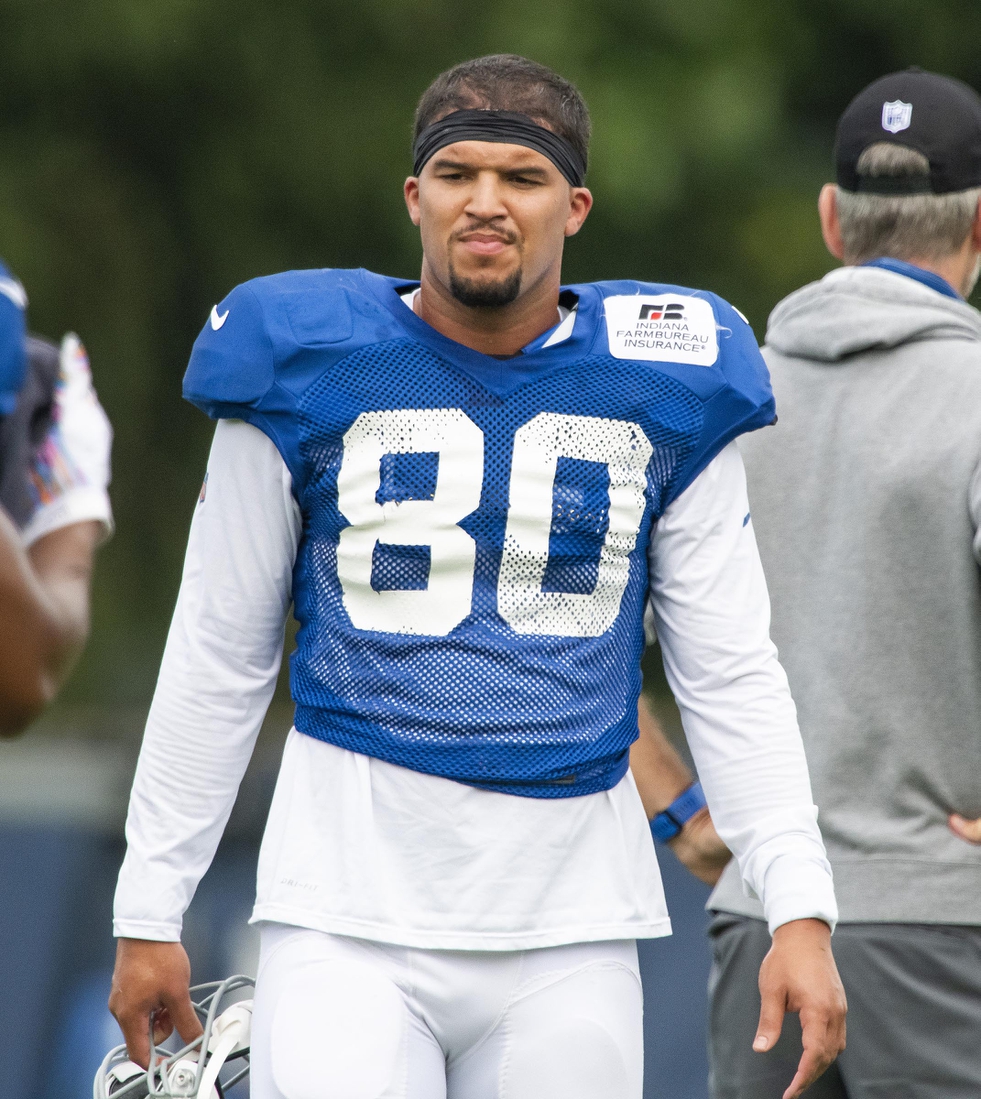 Aug 28, 2020; Indianapolis, Indiana, USA; Indianapolis Colts tight end Trey Burton (80) after a drill during colts training camp at the Farm Bureau Football Complex. Mandatory Credit: Marc Lebryk-USA TODAY Sports