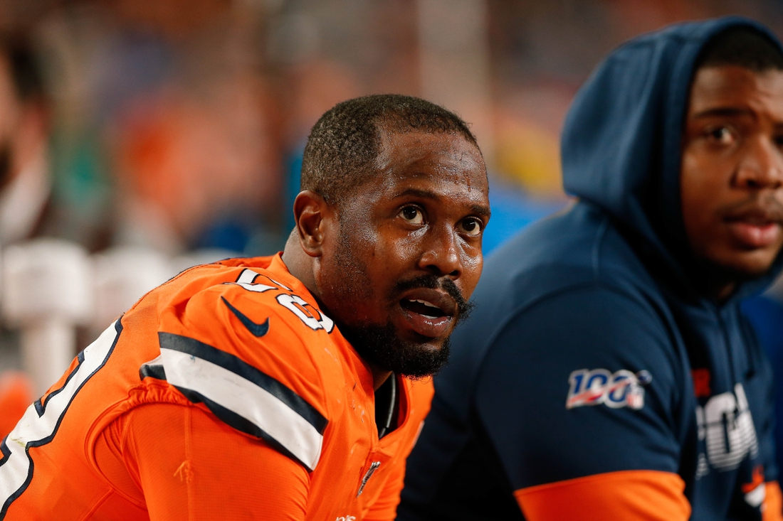 Dec 22, 2019; Denver, Colorado, USA; Denver Broncos outside linebacker Von Miller (58) on the bench in the fourth quarter against the Detroit Lions at Empower Field at Mile High. Mandatory Credit: Isaiah J. Downing-USA TODAY Sports