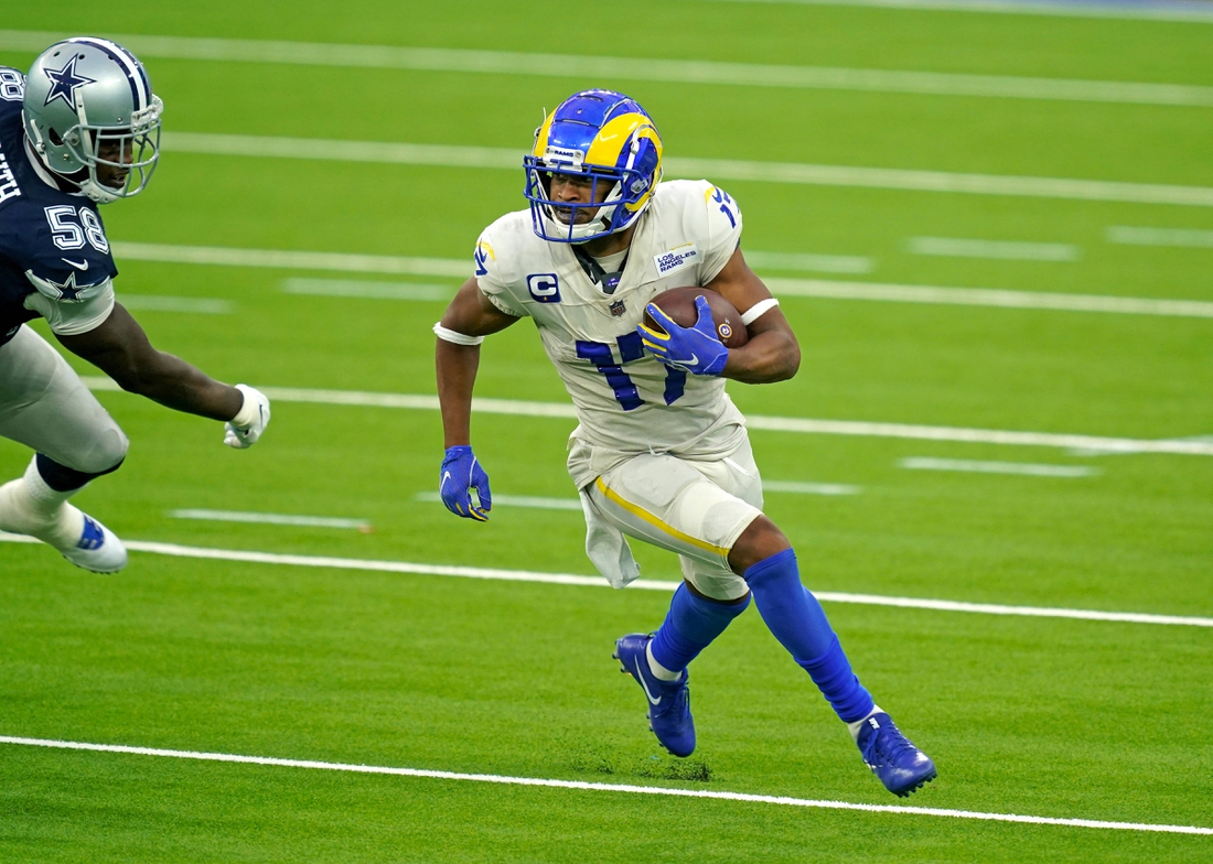 Sep 13, 2020; Inglewood, California, USA; Los Angeles Rams receiver Robert Woods (17) carrels the ball against the Dallas Cowboys during the first half at SoFi Stadium. Mandatory Credit: Kirby Lee-USA TODAY Sports