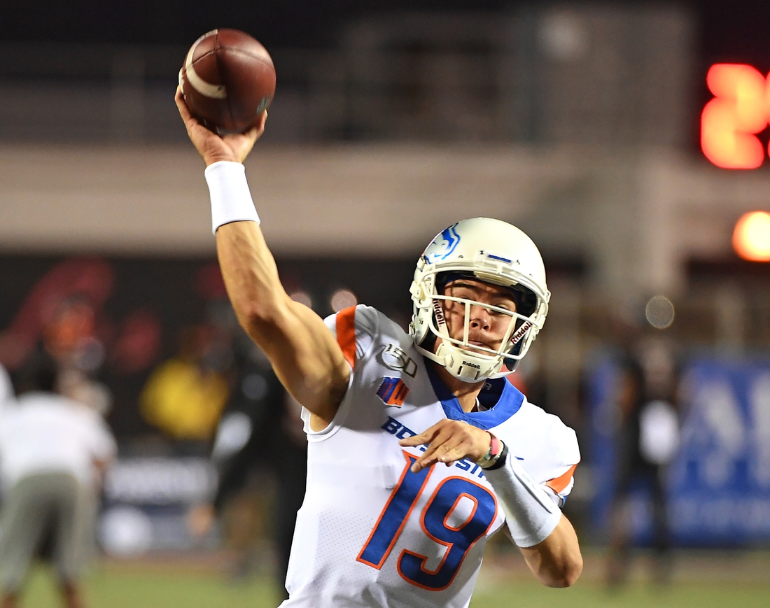 Oct 5, 2019; Las Vegas, NV, USA; Boise State Broncos quarterback Hank Bachmeier (19) warms up before a game against the UNLV Rebels at Sam Boyd Stadium. Mandatory Credit: Stephen R. Sylvanie-USA TODAY Sports