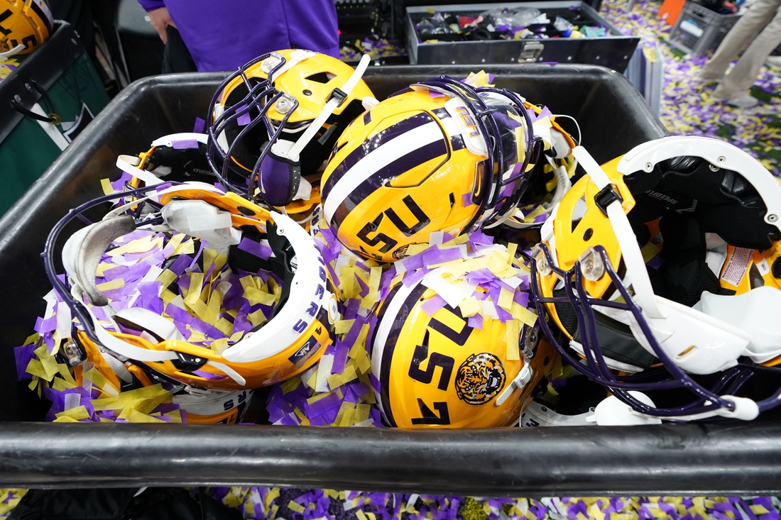 Jan 13, 2020; New Orleans, Louisiana, USA; Detail view of LSU Tigers helmets after the LSU Tigers defeated the Clemson Tigers in the College Football Playoff national championship game at Mercedes-Benz Superdome. Mandatory Credit: John David Mercer-USA TODAY Sports