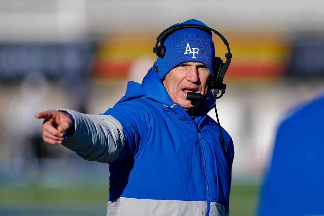 Nov 30, 2019; Colorado Springs, CO, USA; Air Force Falcons head coach Troy Calhoun gestures in the fourth quarter against the Wyoming Cowboys at Falcon Stadium. Mandatory Credit: Isaiah J. Downing-USA TODAY Sports