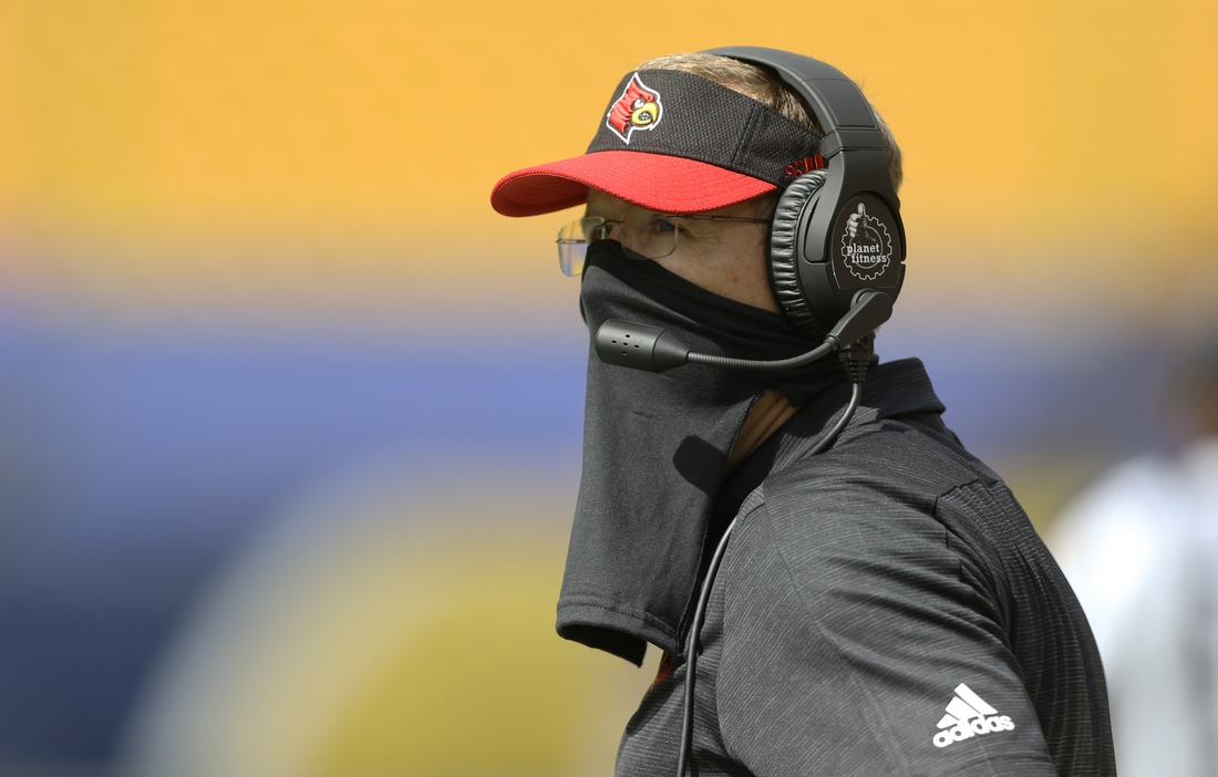 Sep 26, 2020; Pittsburgh, Pennsylvania, USA;  Louisville Cardinals head coach Scott Satterfield looks on from the sidelines against the Pittsburgh Panthers during the second quarter at Heinz Field. Pittsburgh won 23-20. Mandatory Credit: Charles LeClaire-USA TODAY Sports
