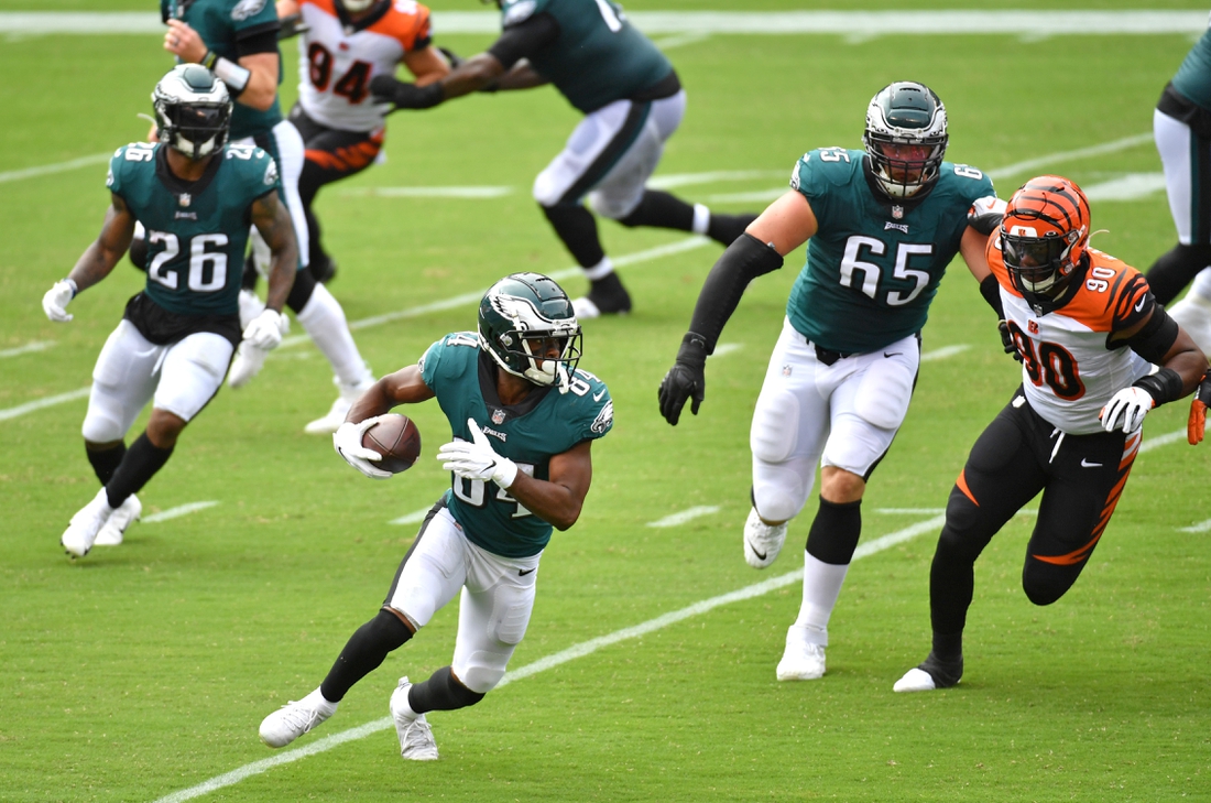 Sep 27, 2020; Philadelphia, Pennsylvania, USA; Philadelphia Eagles wide receiver Greg Ward (84) looks for room to run after a catch against the Cincinnati Bengals during the first quarter at Lincoln Financial Field. Mandatory Credit: Eric Hartline-USA TODAY Sports
