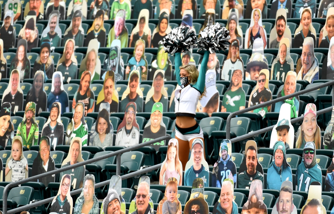 Sep 27, 2020; Philadelphia, Pennsylvania, USA; Philadelphia Eagles cheerleader in the stands during the second quarter against the Cincinnati Bengals at Lincoln Financial Field. Mandatory Credit: Eric Hartline-USA TODAY Sports