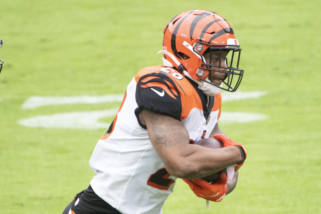 Oct 11, 2020; Baltimore, Maryland, USA;  Cincinnati Bengals running back Joe Mixon (28) rushes during the first quarter against the Baltimore Ravens at M&T Bank Stadium. Mandatory Credit: Tommy Gilligan-USA TODAY Sports