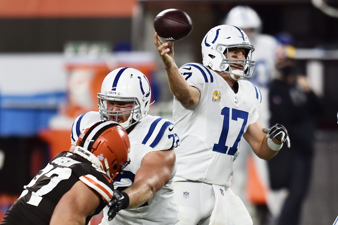 Oct 11, 2020; Cleveland, Ohio, USA; Indianapolis Colts quarterback Philip Rivers (17) throws a pass during the second half against the Cleveland Browns at FirstEnergy Stadium. Mandatory Credit: Ken Blaze-USA TODAY Sports