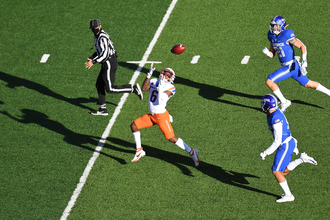 Oct 31, 2020; Colorado Springs, Colorado, USA; Boise State Broncos wide receiver CT Thomas (6) makes a catch for a touchdown reception in the first quarter against the Air Force Falcons  at Falcon Stadium. Mandatory Credit: Ron Chenoy-USA TODAY Sports