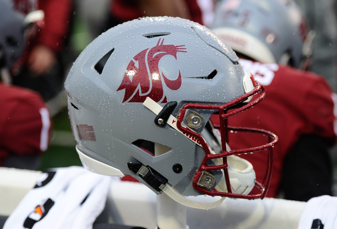 Oct 19, 2019; Pullman, WA, USA; Washington State Cougars helmet sits during football game against the Colorado Buffaloes in the first at Martin Stadium. Mandatory Credit: James Snook-USA TODAY Sports