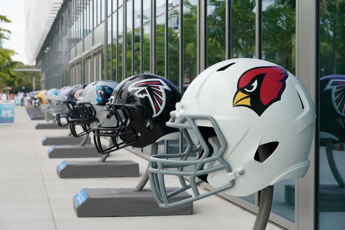 Jan 27, 2020; Miami Beach, Florida; USA; General overall view of Arizona Cardinals and Atlanta Falcons helmets at the NFL Experience at the Miami Beach Convention Center. Mandatory Credit: Kirby Lee-USA TODAY Sports