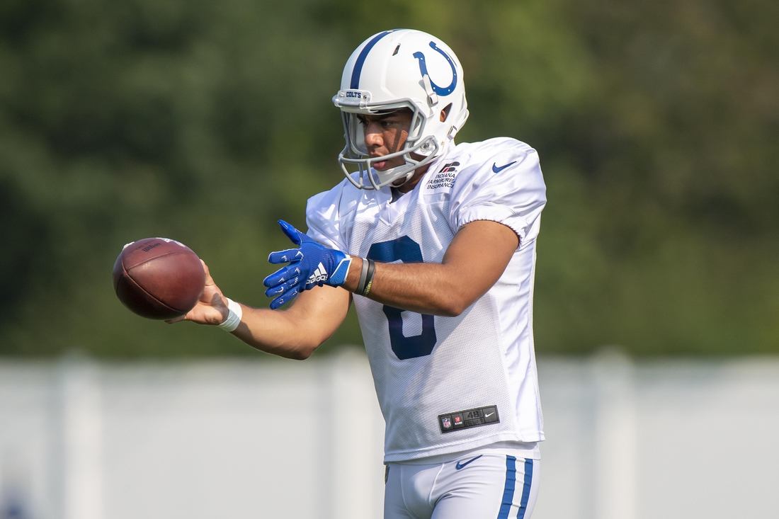 Aug 26, 2020; Indianapolis, Indiana, USA;  Indianapolis Colts punter Rigoberto Sanchez (8) practices dropping the ball for a kick during colts training camp at the Farm Bureau Football Complex. Mandatory Credit: Marc Lebryk-USA TODAY Sports