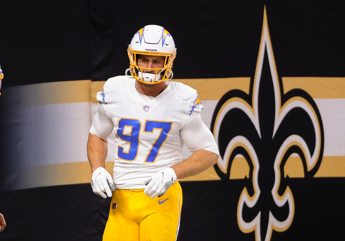 Oct 12, 2020; New Orleans, Louisiana, USA; Los Angeles Chargers defensive end Joey Bosa (97) during warm ups prior to kickoff against the New Orleans Saints at the Mercedes-Benz Superdome. Mandatory Credit: Derick E. Hingle-USA TODAY Sports