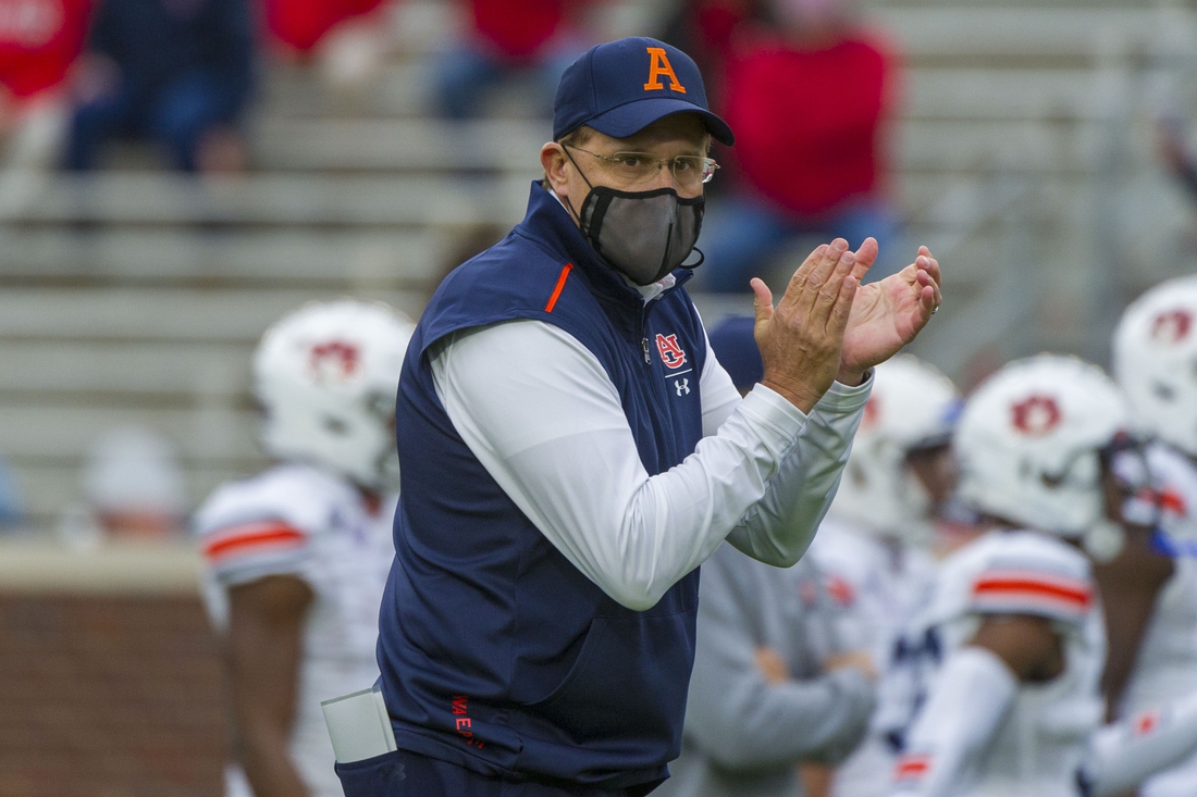 Oct 24, 2020; Oxford, Mississippi, USA; Auburn Tigers head coach Gus Malzahn before the game against the Mississippi Rebels at Vaught-Hemingway Stadium. Mandatory Credit: Justin Ford-USA TODAY Sports