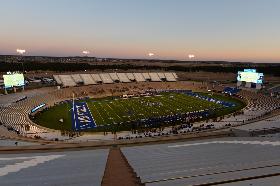 Oct 31, 2020; Colorado Springs, Colorado, USA; General view of Falcon Stadium during the first half of the game between the Boise State Broncos against the Air Force Falcons. Mandatory Credit: Ron Chenoy-USA TODAY Sports