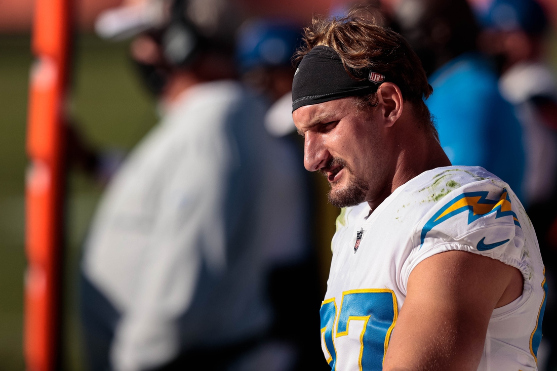 Nov 1, 2020; Denver, Colorado, USA; Los Angeles Chargers defensive end Joey Bosa (97) in the second quarter against the Denver Broncos at Empower Field at Mile High. Mandatory Credit: Isaiah J. Downing-USA TODAY Sports