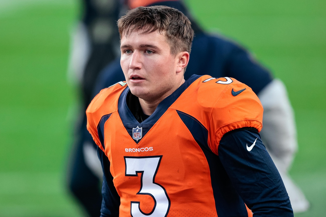 Nov 22, 2020; Denver, Colorado, USA; Denver Broncos quarterback Drew Lock (3) in the third quarter against the Miami Dolphins at Empower Field at Mile High. Mandatory Credit: Isaiah J. Downing-USA TODAY Sports