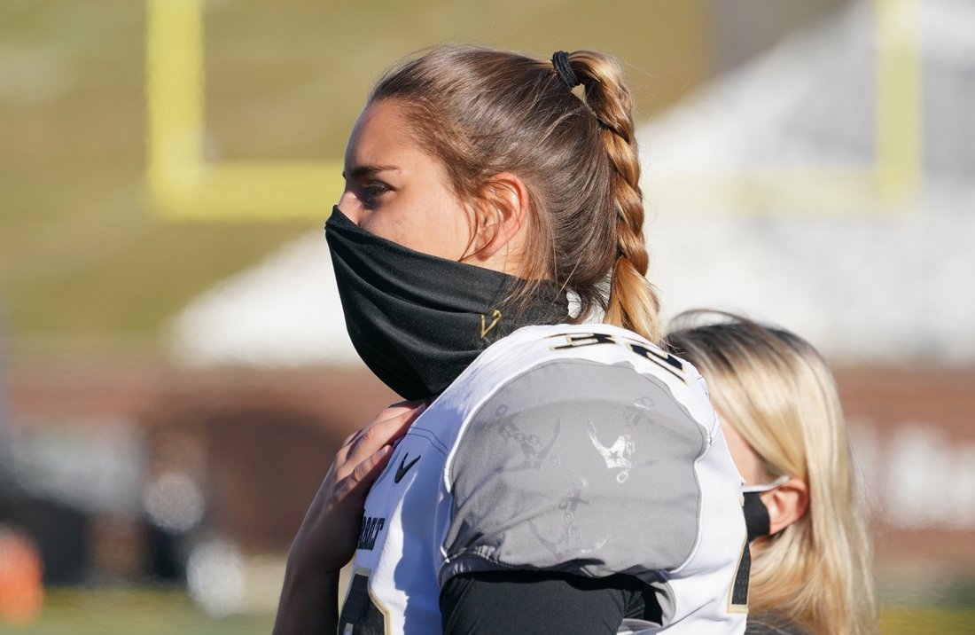 Nov 28, 2020; Columbia, Missouri, USA; Vanderbilt Commodores place kicker Sarah Fuller (32) looks on  during warm ups before a game against the Missouri Tigers at Faurot Field at Memorial Stadium. Mandatory Credit: Denny Medley-USA TODAY Sports