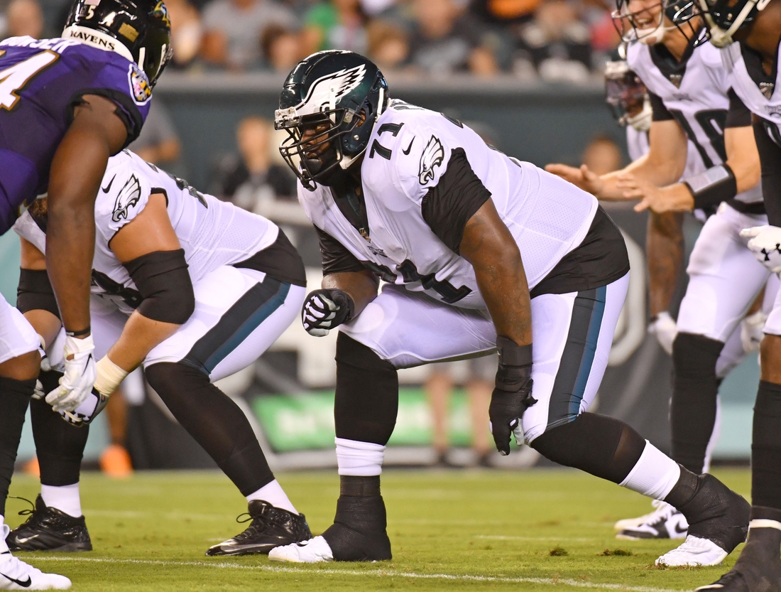 Aug 22, 2019; Philadelphia, PA, USA; Philadelphia Eagles offensive tackle Jason Peters (71) against the Baltimore Ravens at Lincoln Financial Field. Mandatory Credit: Eric Hartline-USA TODAY Sports
