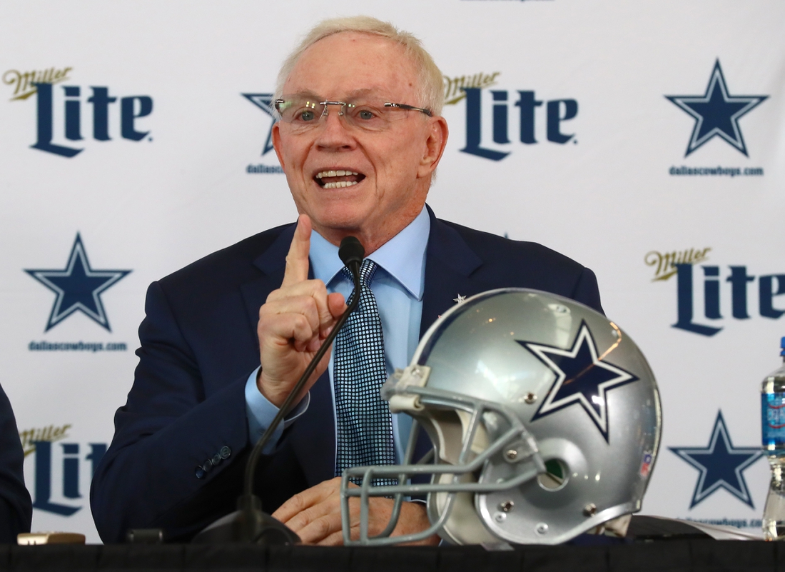 Jan 8, 2020; Frisco, Texas, USA; Dallas Cowboys owner Jerry Jones answers questions during a press conference at Ford Center at the Star. Mandatory Credit: Matthew Emmons-USA TODAY Sports