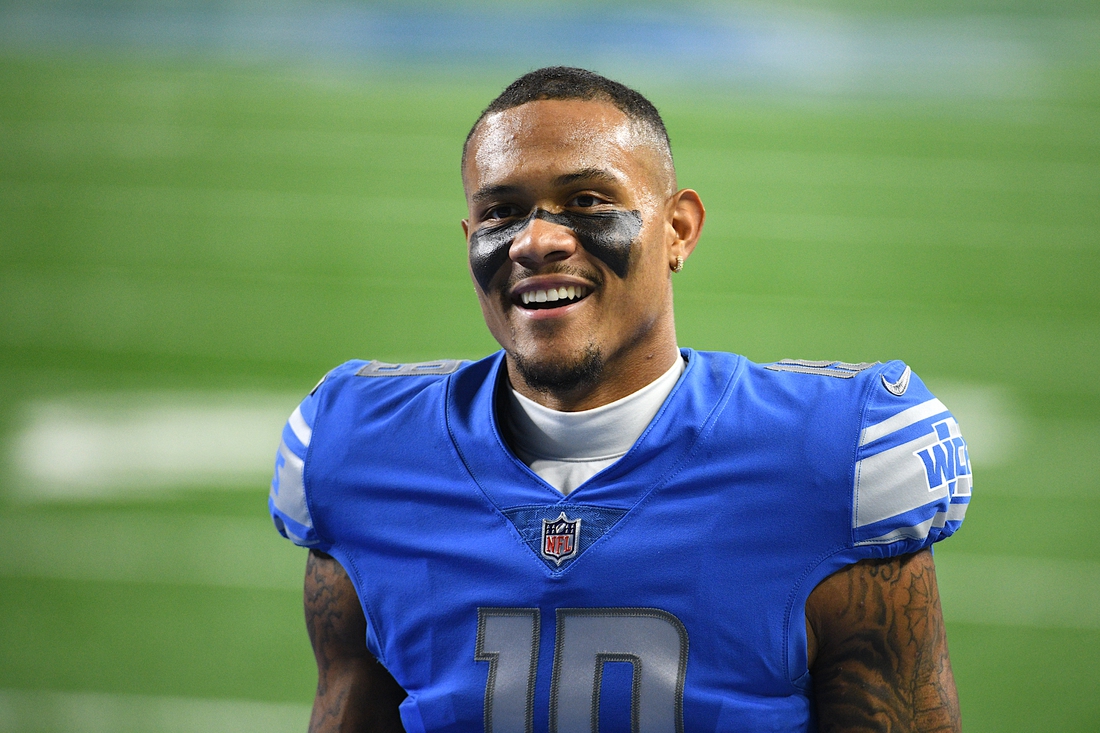 Oct 4, 2020; Detroit, Michigan, USA; Detroit Lions wide receiver Kenny Golladay (19) before the game against the New Orleans Saints at Ford Field. Mandatory Credit: Tim Fuller-USA TODAY Sports