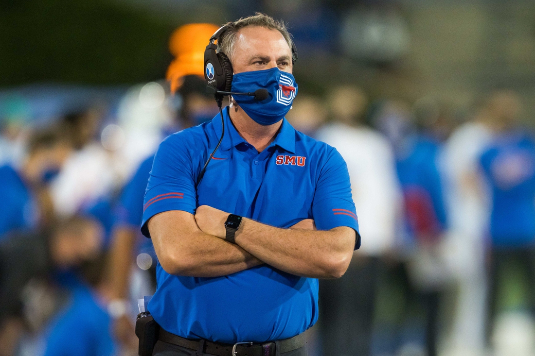 Nov 14, 2020; Tulsa, Oklahoma, USA;  Southern Methodist Mustangs head coach Sonny Dykes on the sidelines during the game against the Tulsa Golden Hurricane at Skelly Field at H.A. Chapman Stadium. Tulsa won 28-24. Mandatory Credit: Brett Rojo-USA TODAY Sports