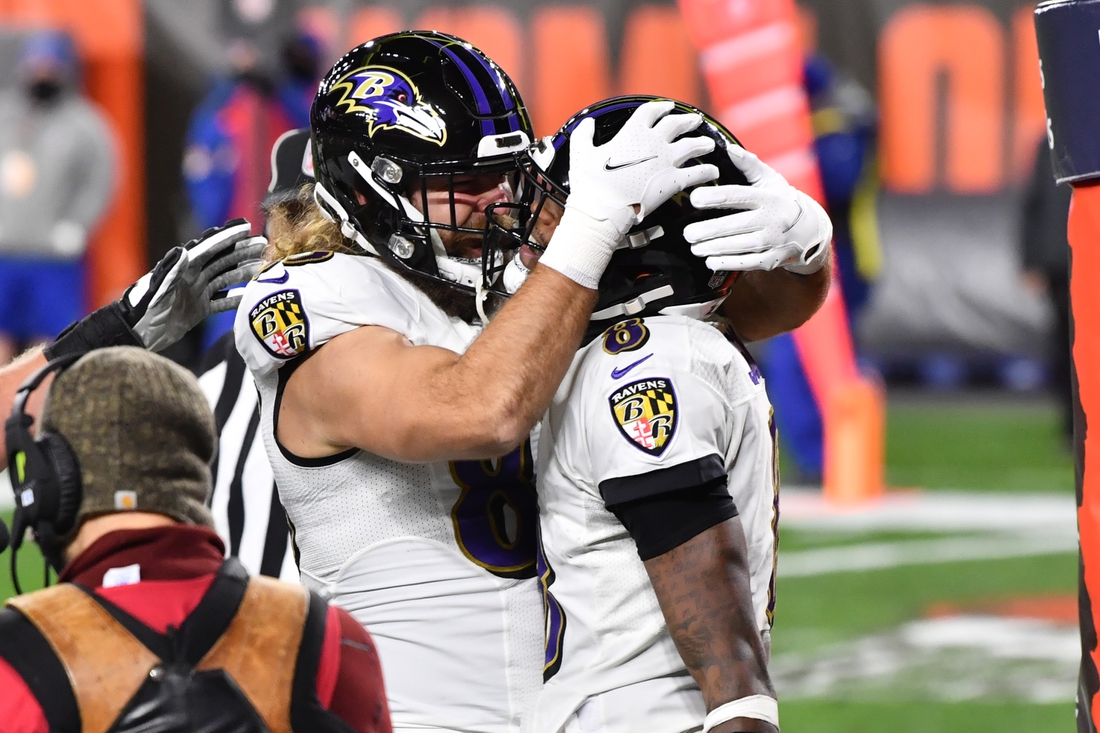 Dec 14, 2020; Cleveland, Ohio, USA; Baltimore Ravens quarterback Lamar Jackson (8) celebrates with tight end Luke Willson (82) after he scored a touchdown during the first quarter against the Cleveland Browns at FirstEnergy Stadium. Mandatory Credit: Ken Blaze-USA TODAY Sports