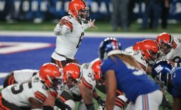 Dec 20, 2020; East Rutherford, New Jersey, USA; Cleveland Browns quarterback Baker Mayfield (6) gestures at the line against the New York Giants during the third quarter at MetLife Stadium. Mandatory Credit: Brad Penner-USA TODAY Sports