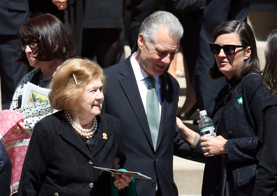Apr 18, 2017; Pittsburgh, PA, USA;  Pittsburgh Steelers owner Art Rooney II accompanies his mother Patricia Rooney (R) widow of Pittsburgh Steelers chairman Daniel Rooney after his funeral service at Saint Paul Cathedral. Mandatory Credit: Charles LeClaire-USA TODAY Sports