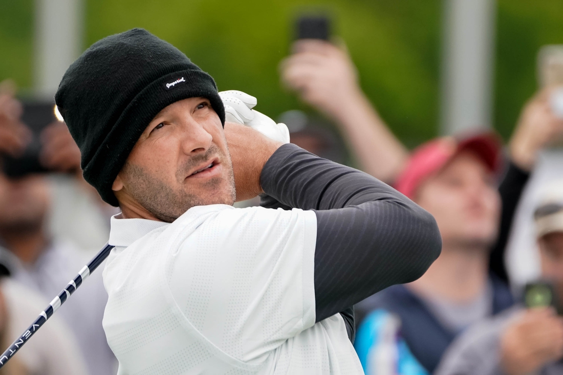 May 10, 2019; Dallas, TX, USA; Tony Romo plays his shot from the first tee during the second round of the AT&T Byron Nelson golf tournament at Trinity Forest Golf Club. Mandatory Credit: Ray Carlin-USA TODAY Sports