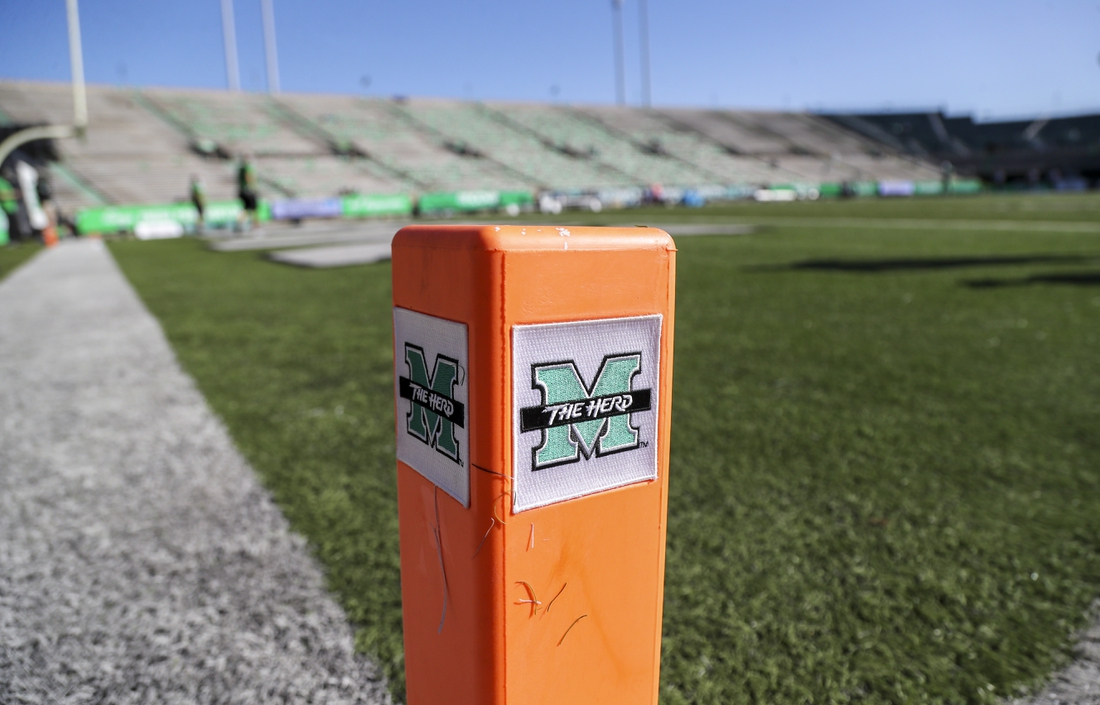 Nov 7, 2020; Huntington, West Virginia, USA; The Marshall Thundering Herd logo is seen on a pylon in the end zone before a game against the Massachusetts Minutemen at Joan C. Edwards Stadium. Mandatory Credit: Ben Queen-USA TODAY Sports