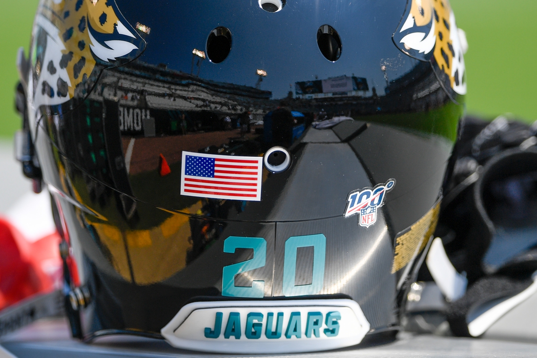 Sep 8, 2019; Jacksonville, FL, USA; General view of Jacksonville Jaguars cornerback Jalen Ramsey (20) helmet on the bench prior to the game between the Jacksonville Jaguars and the Kansas City Chiefs at TIAA Bank Field. Mandatory Credit: Douglas DeFelice-USA TODAY Sports