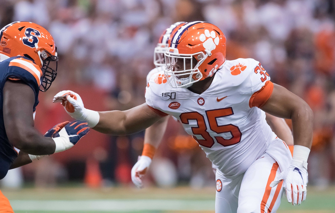 Sep 14, 2019; Syracuse, NY, USA; Clemson Tigers defensive end Justin Foster (35) rushes a Syracuse Orange lineman during the first quarter at the Carrier Dome. Mandatory Credit: Mark Konezny-USA TODAY Sports